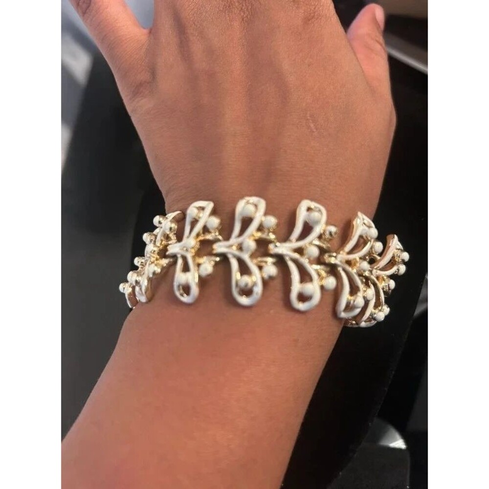 Vintage Coro White Enamel & Gold-Tone Statement Bracelet